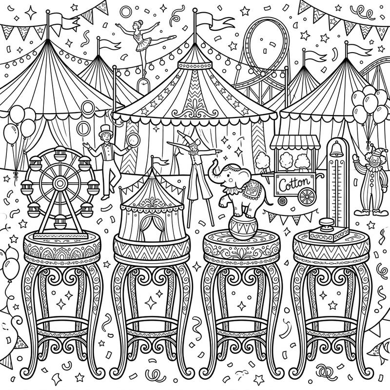 Dive into the festive chaos of a carnival with this unique coloring page featuring highly detailed counter stools. Explore a lively fairground filled with circus tents, performers, and classic attractions, all awaiting your creative touch.