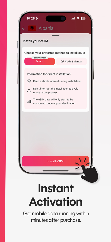 Gjirafa eSIM app interface showing the instant activation and direct installation screen for a mobile data plan.
