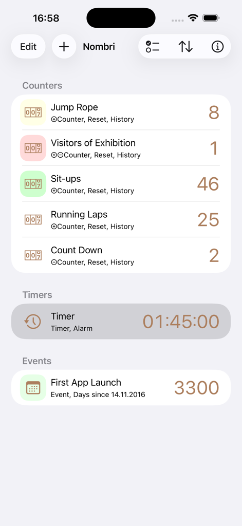 Nombri (Tally Counter) - Nombri app main screen displaying multiple tally counters for fitness activities, visitor counting, and event tracking.