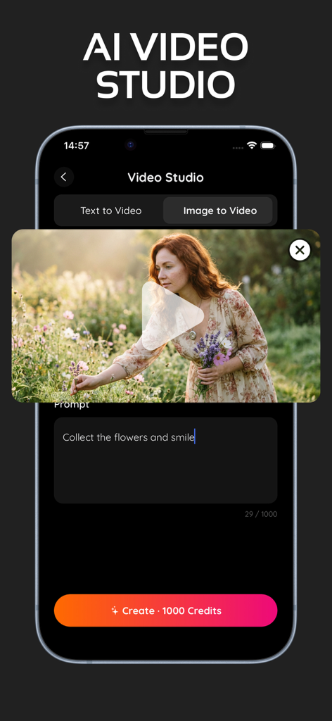 AI Baby Dance Video: shain - Interfaz del Estudio de Contenido IA de Shain mostrando la función de generación de texto a vídeo