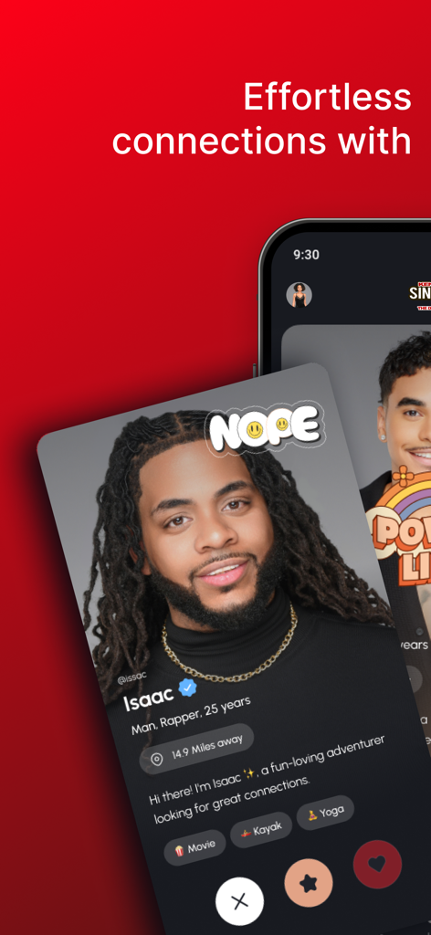 Kendra G Singles - A mobile phone screen showing a user profile on the Kendra G Singles dating app with options to swipe or connect.