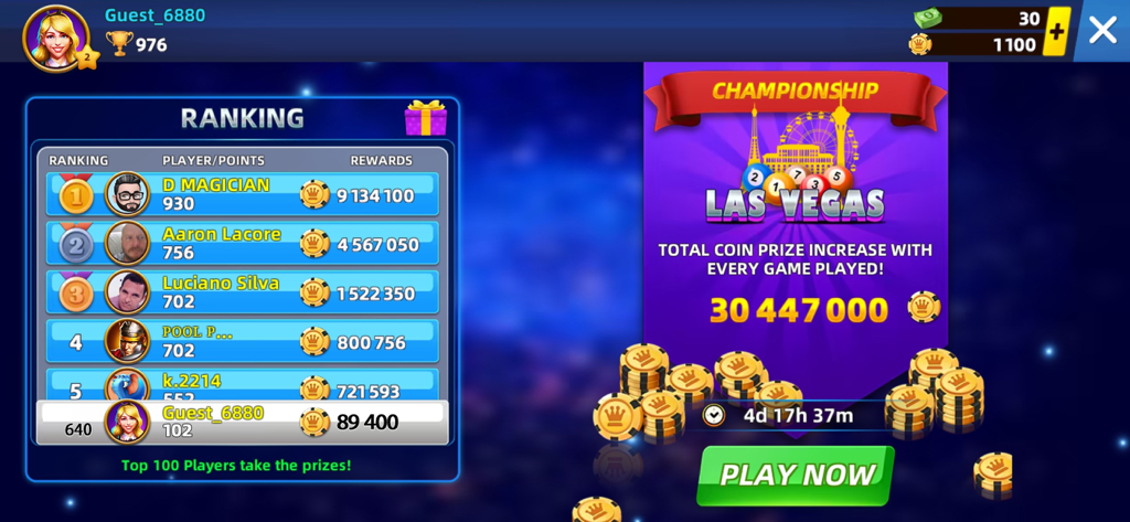 8 Ball Blitz - Billiards Games - 8 Ball Blitz global player ranking leaderboard and championship prize pool screen