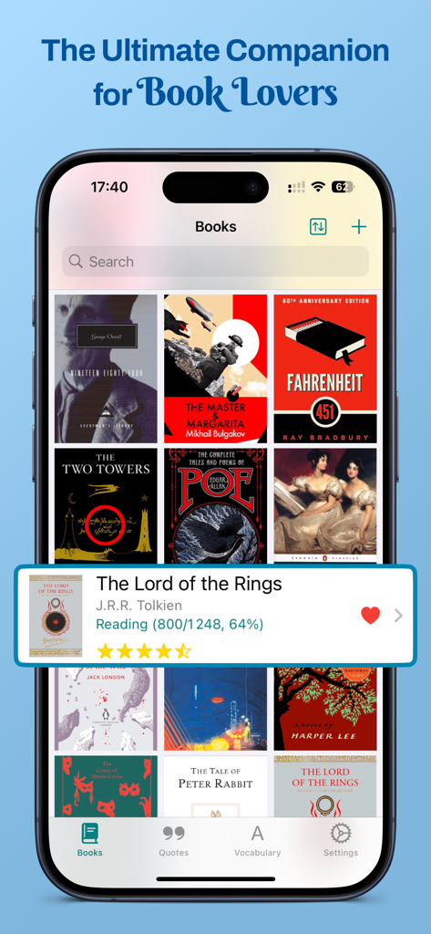Bookopedia: Note-Taking Books - Écran d'iPhone montrant la grille de la bibliothèque de l'application Bookopedia avec un suivi de progression de lecture pour Le Seigneur des Anneaux.