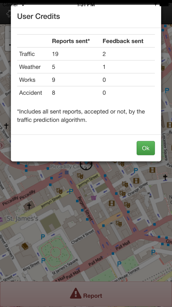 Live Traffic Reporter - A screenshot showing the User Credits pop-up in the Live Traffic Reporter app with statistics for traffic, weather, roadworks, and accident reports.