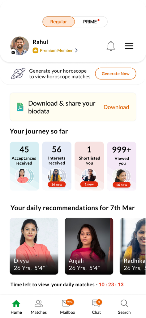 Benutzer-Dashboard der KannadaMatrimony-App mit Profilstatistiken und täglichen Empfehlungen