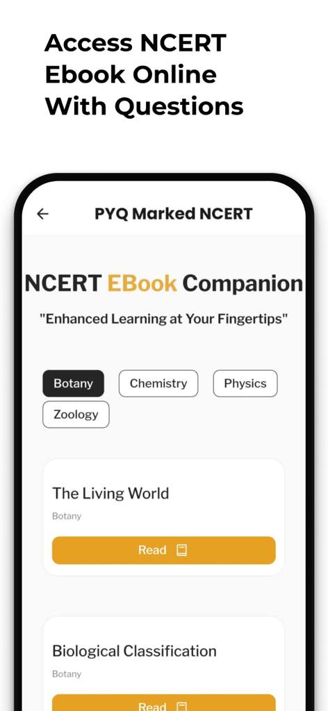 NEETprep Essential - NEETprep Essential app screen showing NCERT eBook companion for Botany Chemistry and Physics subjects
