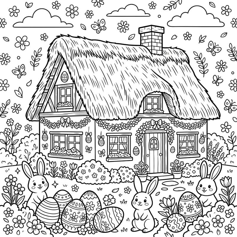 Celebrate the joy of spring and Easter with this delightful coloring page featuring a quaint thatched cottage. Adorned with festive decorations, cheerful bunnies, and beautifully patterned eggs await your creative touch.
