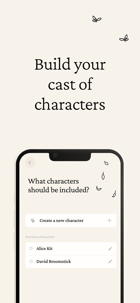 Interfaccia di un'app mobile di Saga Stories che mostra opzioni per creare un cast di personaggi e gestire i membri esistenti della storia.