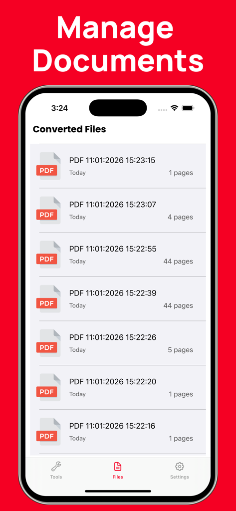 ファイルマネージャーセクションに変換されたPDF文書のリストを表示するモバイルアプリインターフェイス