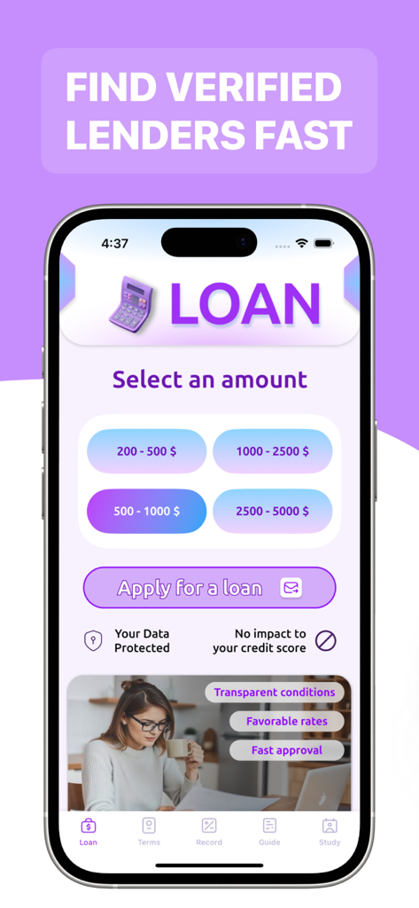 Quick Cash – GM Connector - Interface d'application mobile de Quick Cash GM Connector montrant des boutons de sélection de montant de prêt et un bouton pour demander un prêt.
