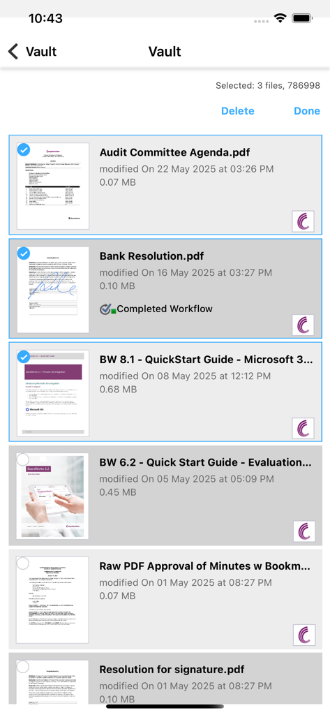 Computershare BoardWorks - The vault interface of the Computershare BoardWorks app showing a list of board meeting documents and PDFs