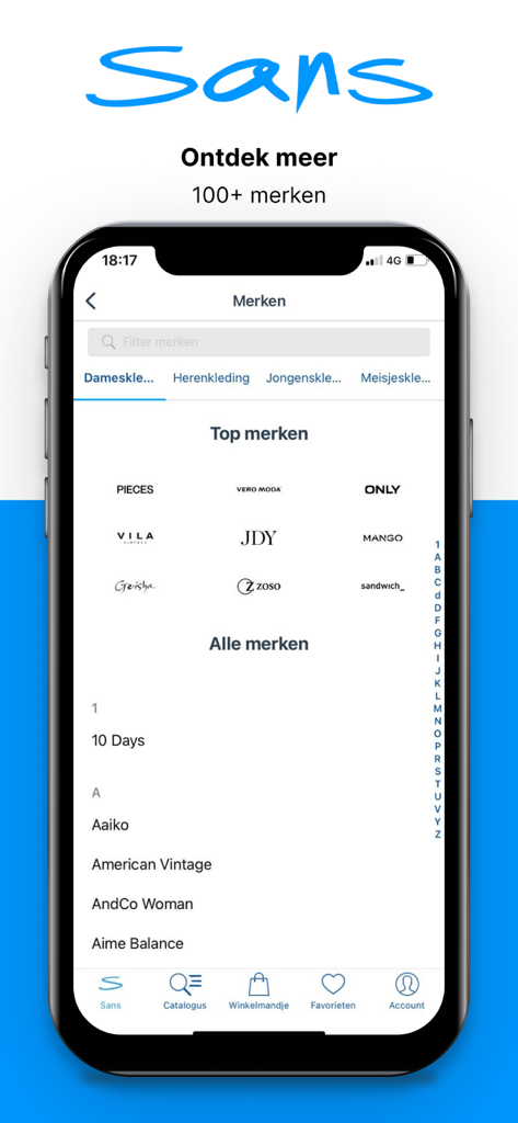 Sans-online mobile app screen showing a curated list of over 100 fashion brands including Vero Moda and Only