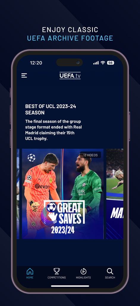 UEFA.tv - UEFA.tv App-Bildschirm mit Archivmaterial von klassischen Fußballspielen und Saison-Highlights