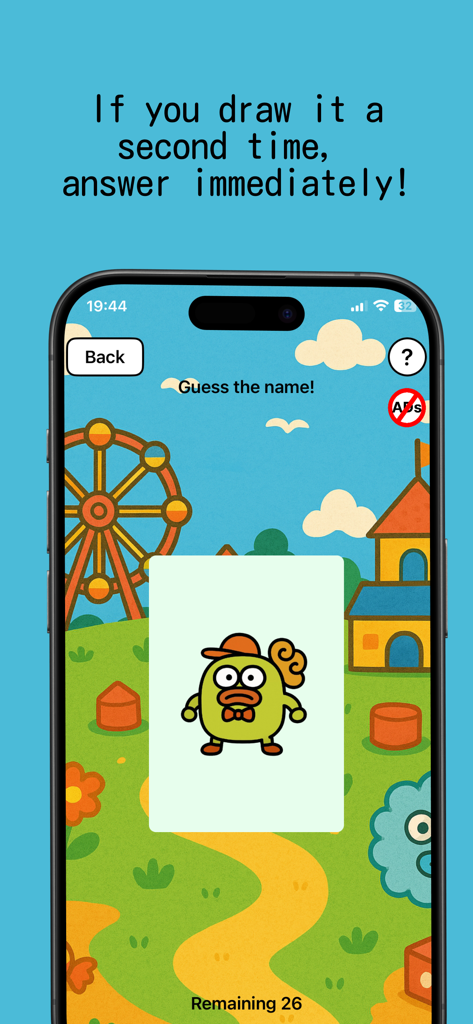 Quick Name Game – Namey Gamey - Une capture d'écran de Namey Gamey montrant un personnage vert farfelu sur une carte avec un arrière-plan de parc d'attractions et des instructions pour deviner le nom.