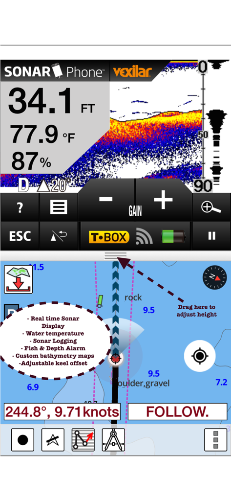 Geteilte Ansicht der Fishing Points App, die Sonardaten und eine Seekarte anzeigt.