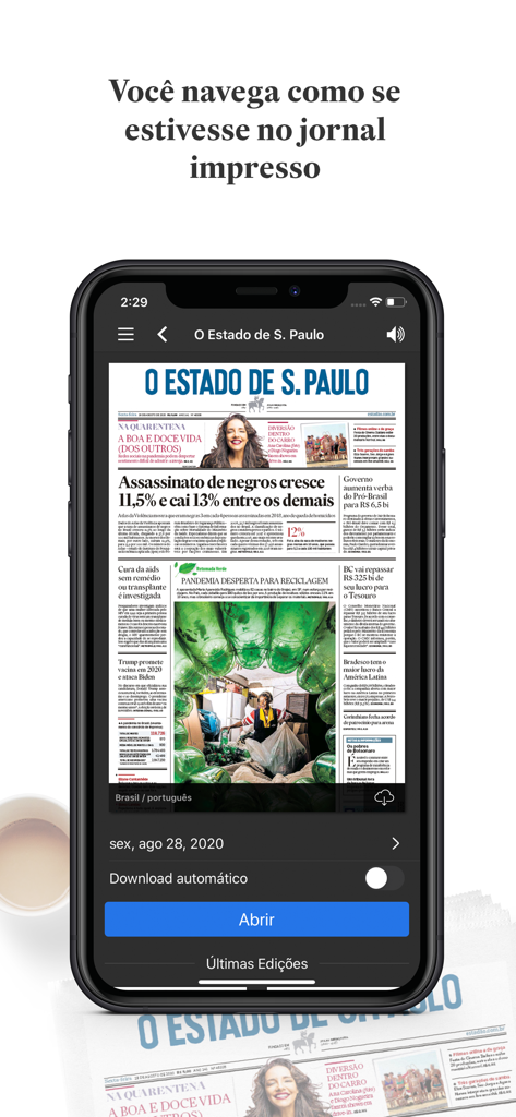Tela de smartphone mostrando o aplicativo Estadão Digital com uma réplica do jornal impresso