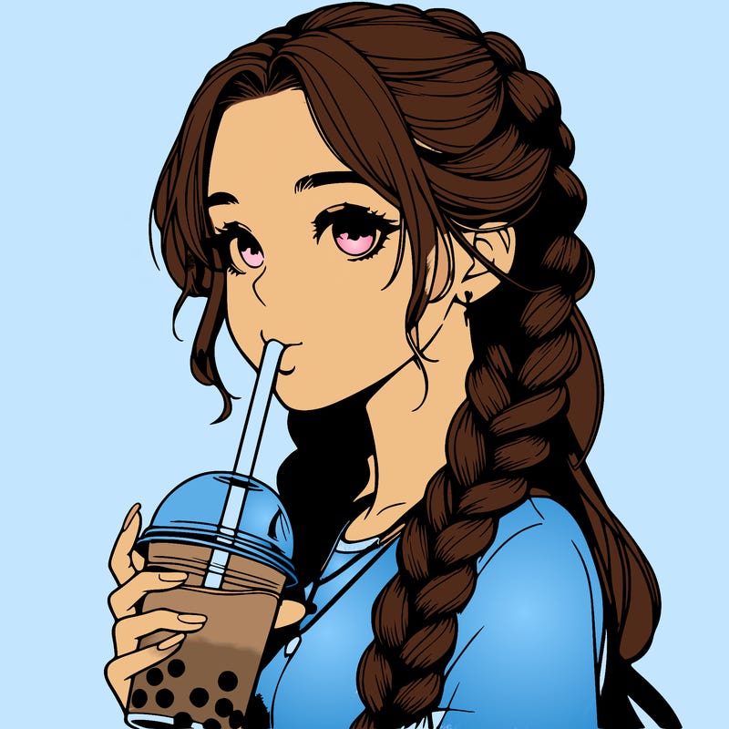realistic girl with braided hair drinking boba