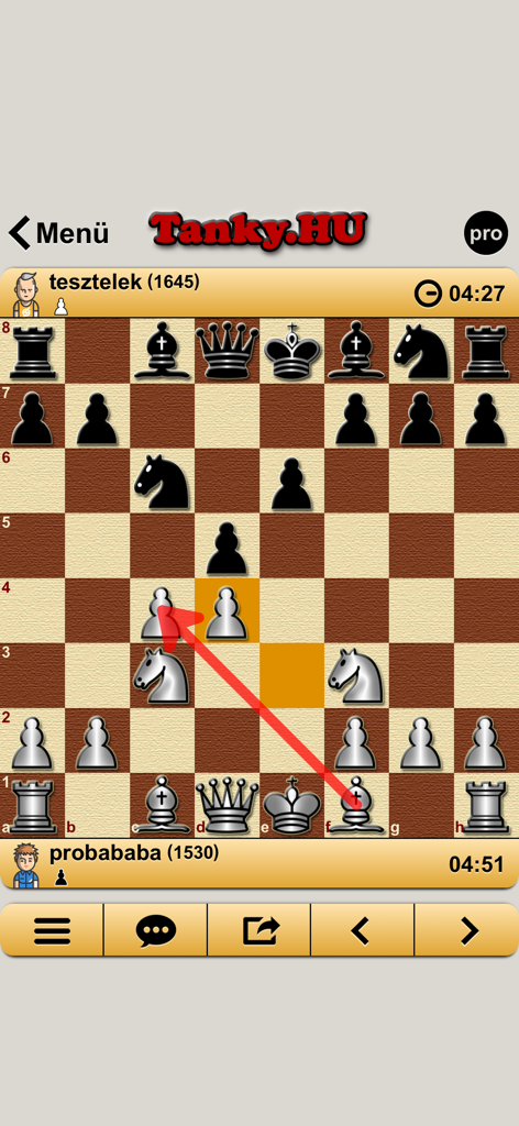 A game of chess in progress on the Sakk Pro mobile app showing move indicators and player ratings.