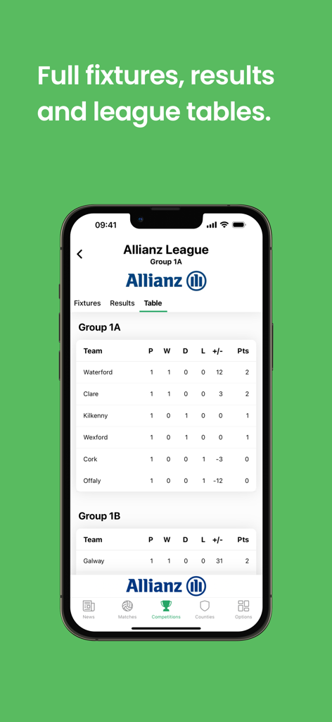 Score Beo - Score Beoアプリの画面にGAAアライドリーグの順位表と試合日程が表示されています