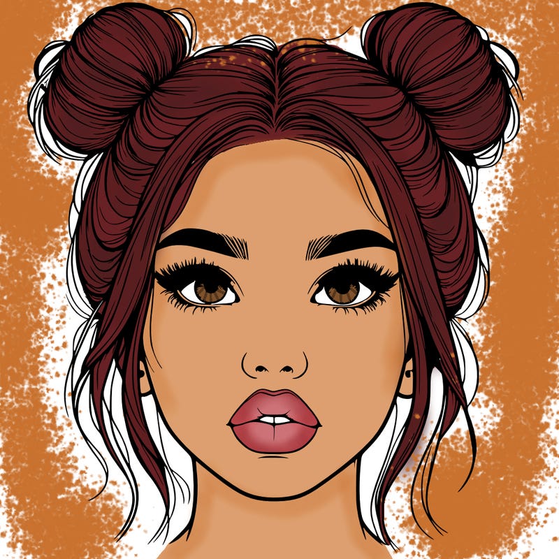 realistic girl with two buns on her hair and lips