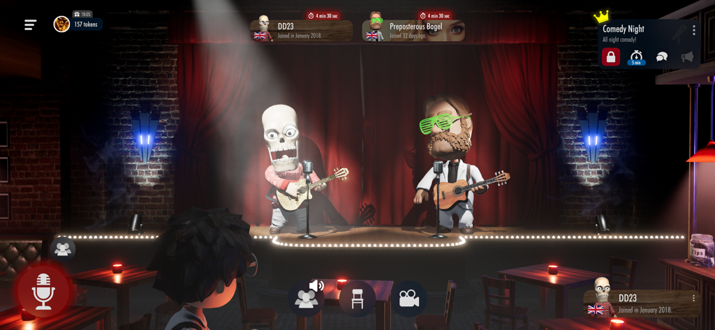Comedy Night - The Voice Game - Two custom avatars performing with guitars on a spotlighted virtual stage in a comedy club.