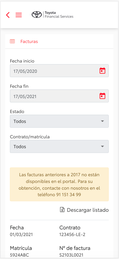 Mi Banco Toyota - Interfaz de la aplicación Mi Banco Toyota que muestra la pantalla de gestión de facturas con filtros de fecha y detalles del contrato en español.