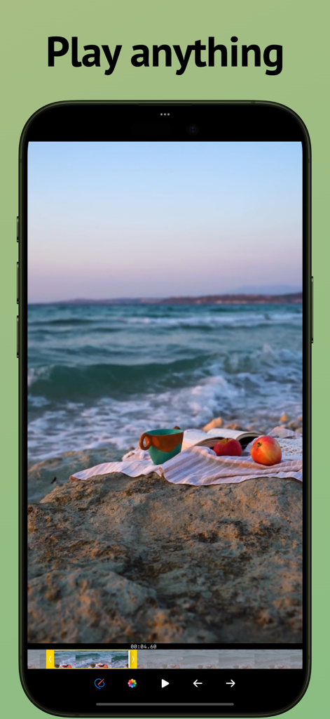 FrameSnap-Video Frame Grabber - A smartphone showing the FrameSnap app video player interface with the text Play anything and frame-by-frame navigation buttons.