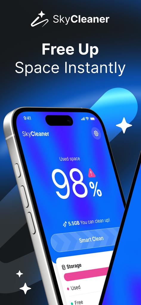 SkyCleaner: Safe & Clean - SkyCleaner app interface showing 98 percent phone storage used and a Smart Clean button