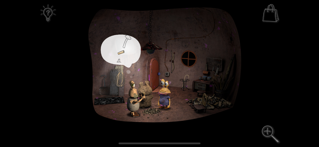 Two alien characters communicating through a hand drawn visual speech bubble in a cave room in Avolteha