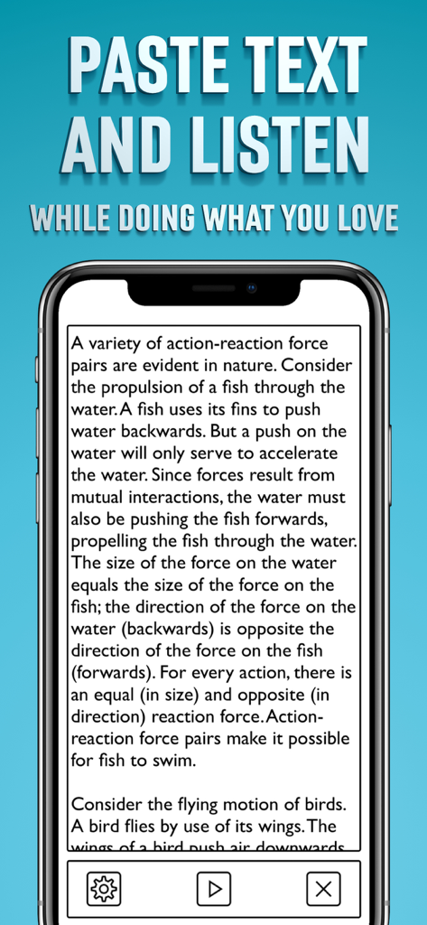 スマートフォンに貼り付けられたテキストと再生ボタンが表示されているテキスト読み上げアプリのインターフェース