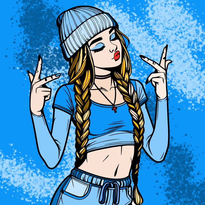 realistic teenage girl with braids and a beanie and crop top doing 🫶🏼