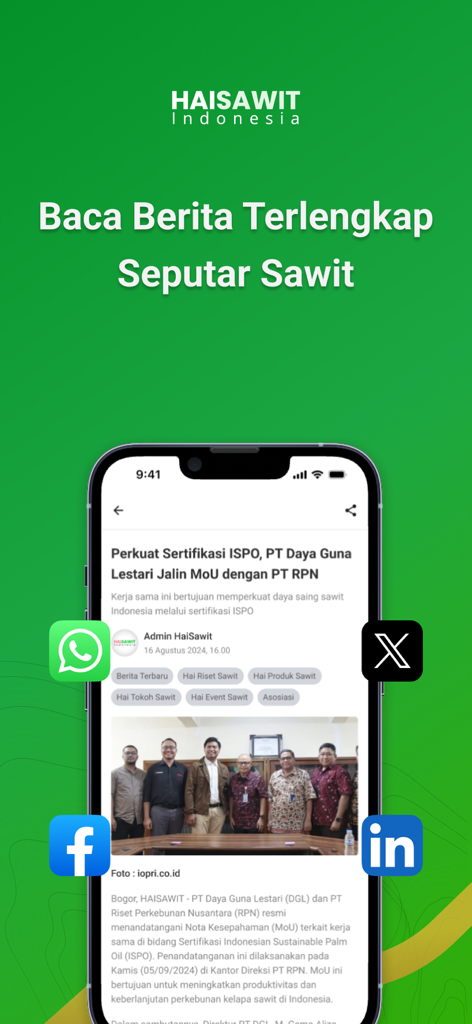 Hai Sawit App - Hai Sawit App mobile interface displaying a news article about the Indonesian palm oil industry with social media share icons