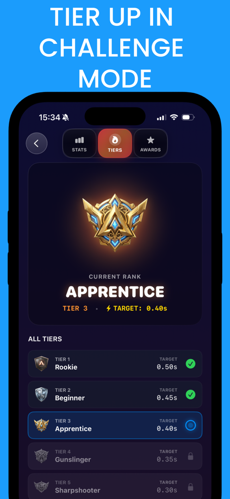 Progression screen showing different rank tiers and reaction time targets in the Quick Draw app.