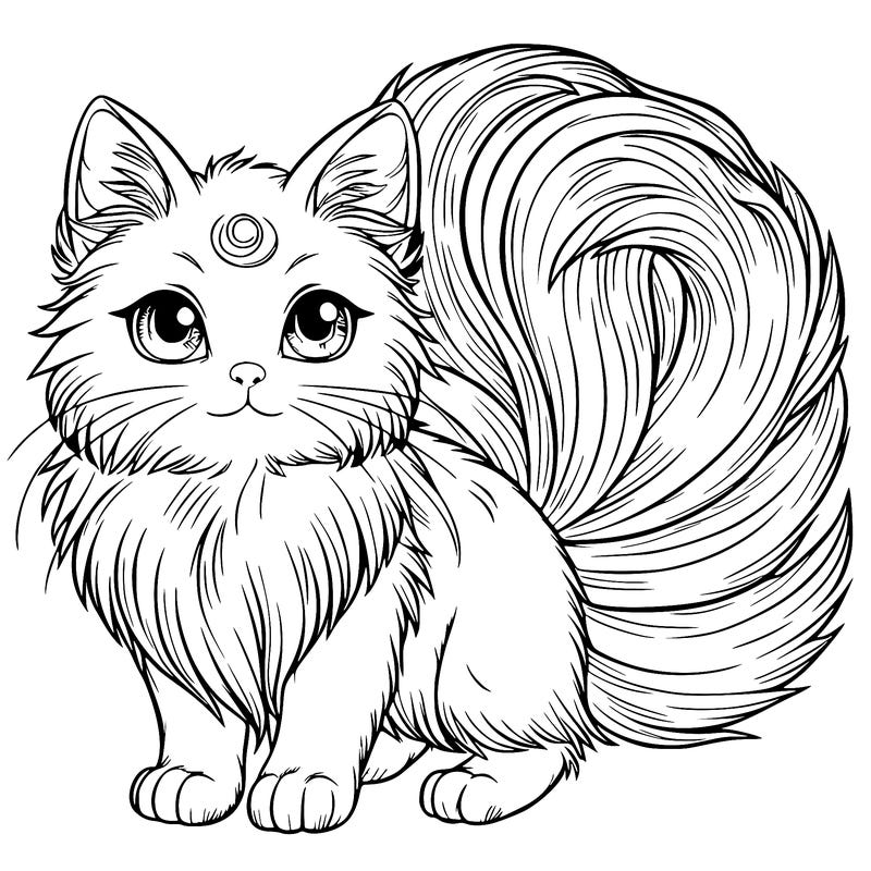 realistic detailed 9 tailed cat with three eyes