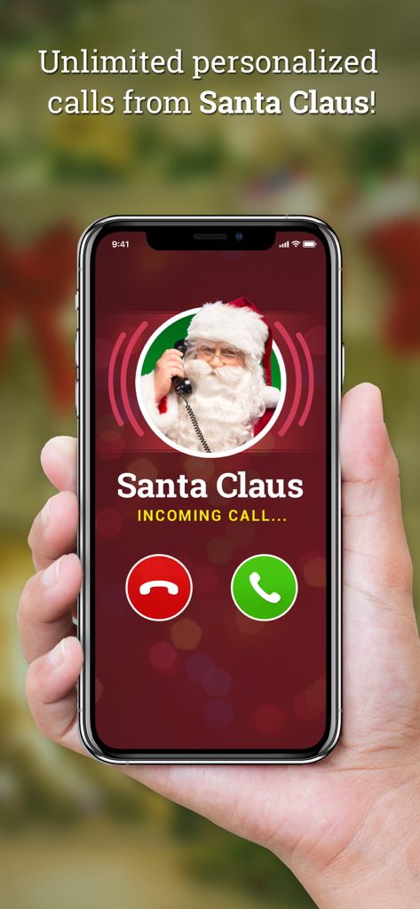 Call Santa Claus! create video - A smartphone screen displaying an incoming personalized call from Santa Claus with his photo and name