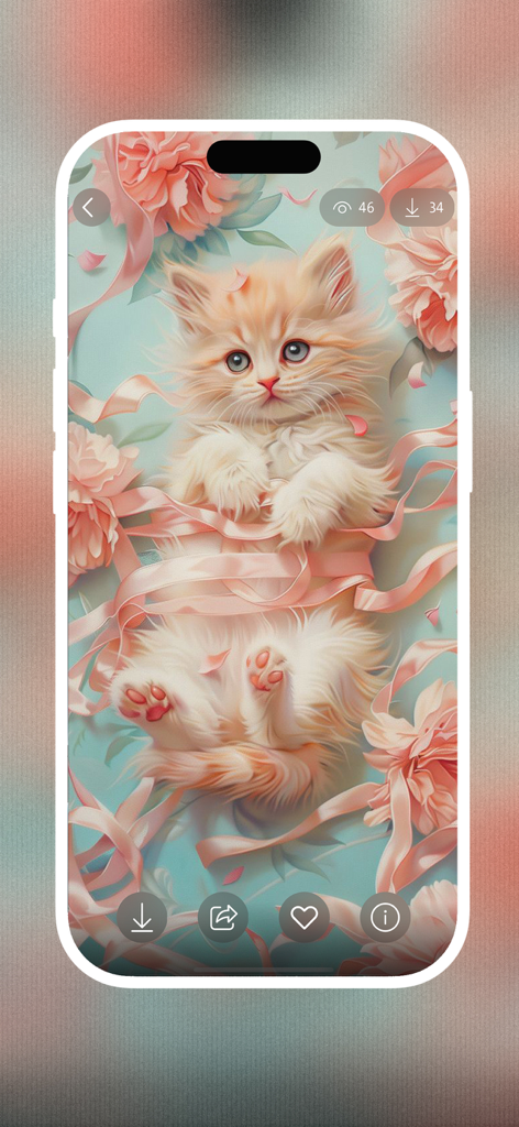Cute Cat Wallpapers 4K - A fluffy cream kitten lying on its back among pink ribbons and flowers in a mobile wallpaper app