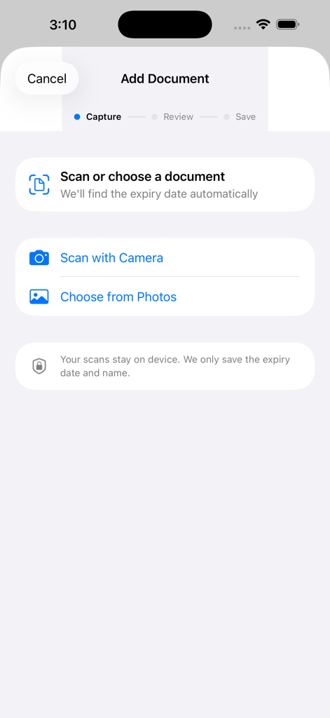 Expiro App - Expiro 앱 문서 추가 화면, 카메라로 스캔 및 사진에서 선택 옵션 포함