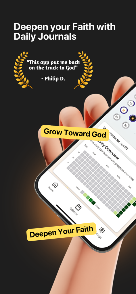 My Daily Prayer Journal - A mobile screen showing the activity overview grid of the My Daily Prayer Journal app for tracking spiritual growth
