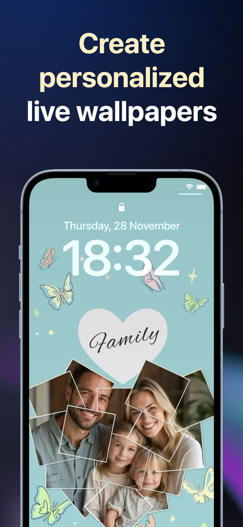 iPhone lock screen featuring a personalized family photo collage and butterfly graphics