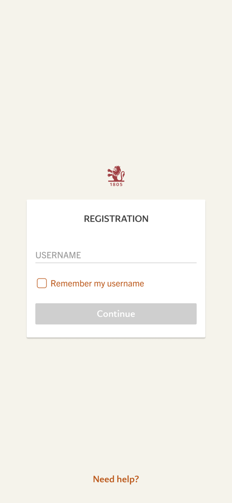 Registration screen for the Pictet Safe Connect app featuring a username input field and secure login interface.