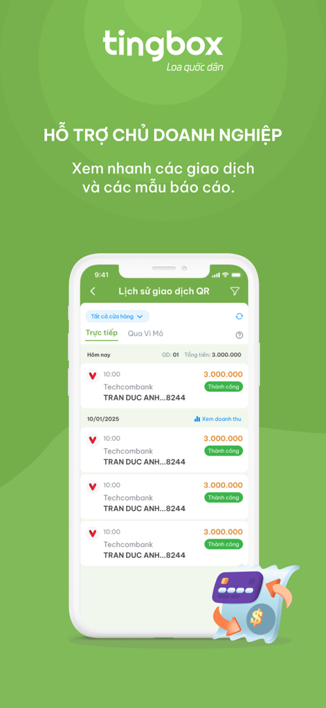 A screenshot of the Tingbox app showing a detailed history of successful QR code transactions for business owners