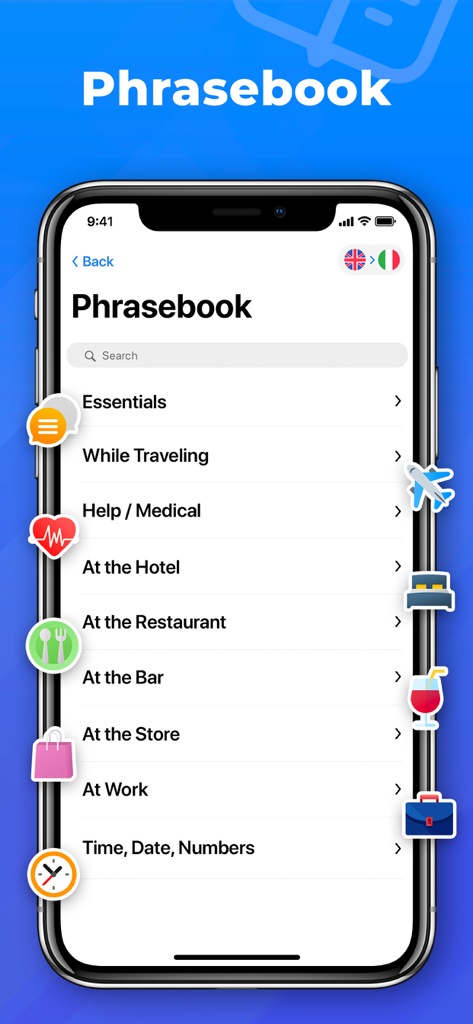 OkTalk: Keyboard Translator - OkTalk app interface showing the phrasebook feature with travel and business categories like essentials and at work