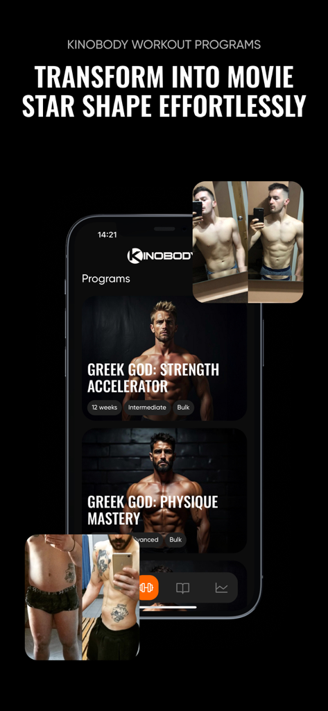 Kinobody App-Oberfläche, die griechische Gott-Workout-Programme und Benutzertransformationen anzeigt