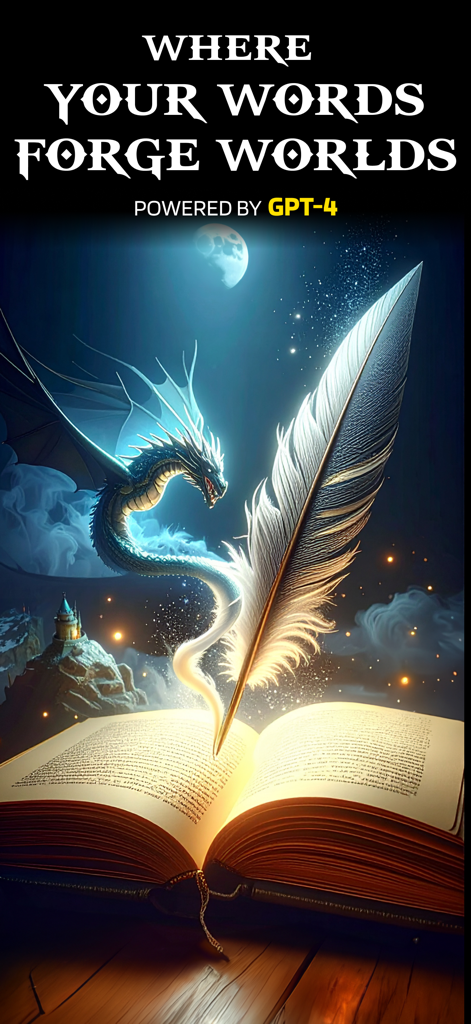 AI Game Master - Dungeon RPG - A dragon and a glowing quill emerging from an open book under a starry sky with the text Where your words forge worlds.