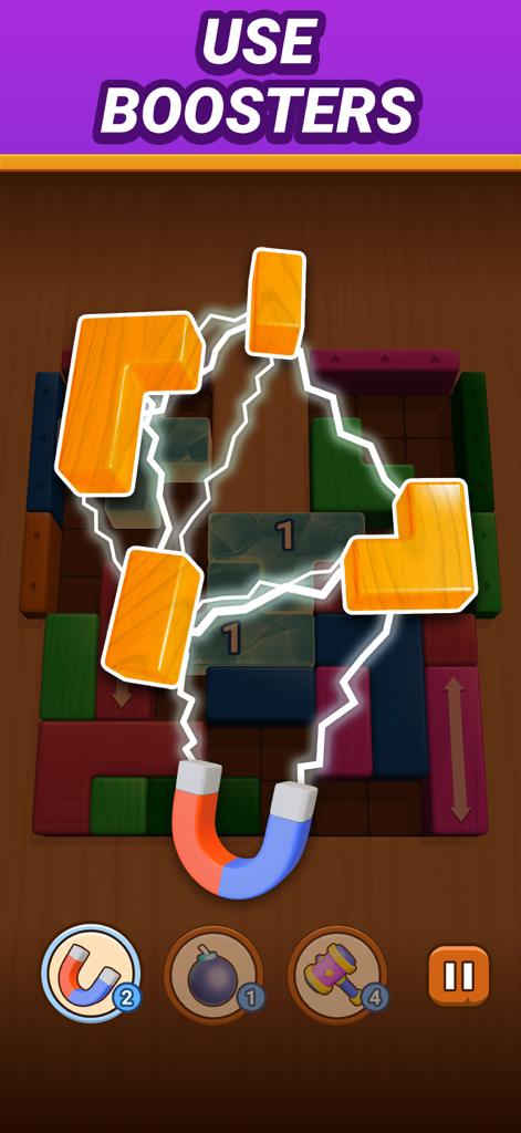 Brick Escape: Block Puzzle - Gameplay of Brick Escape showing a magnet booster attracting wooden blocks to clear space on the puzzle grid.