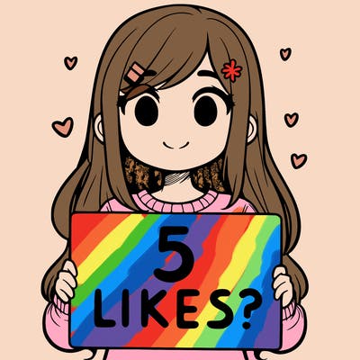 girl holding a sign that says 5 likes?