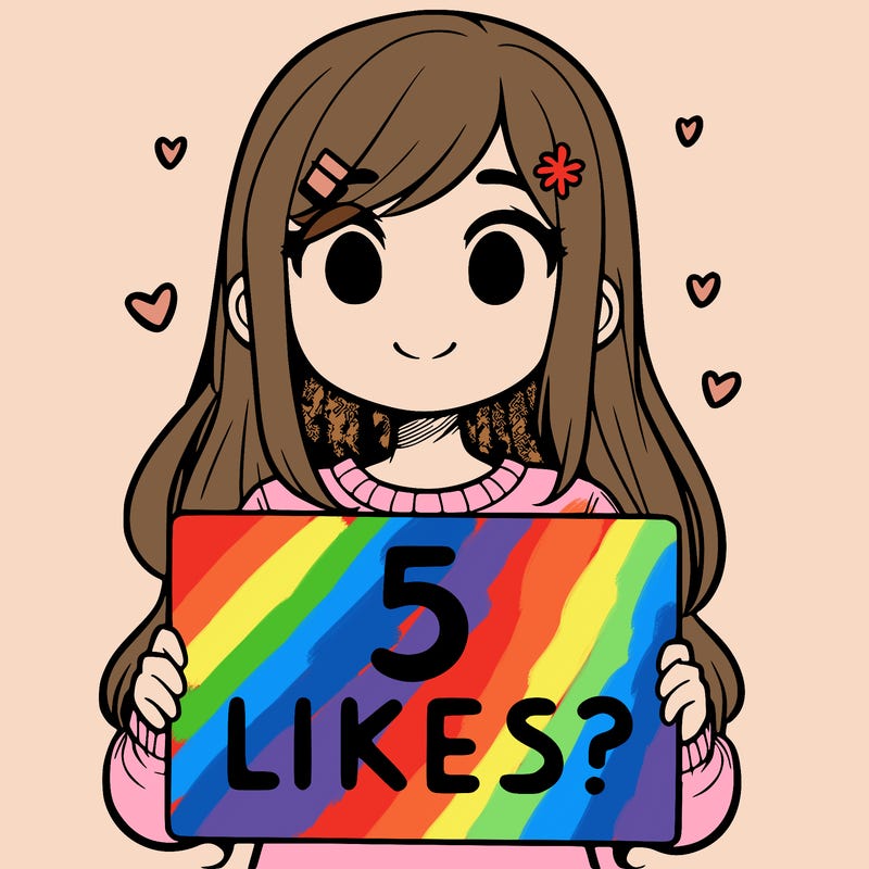 girl holding a sign that says 5 likes?