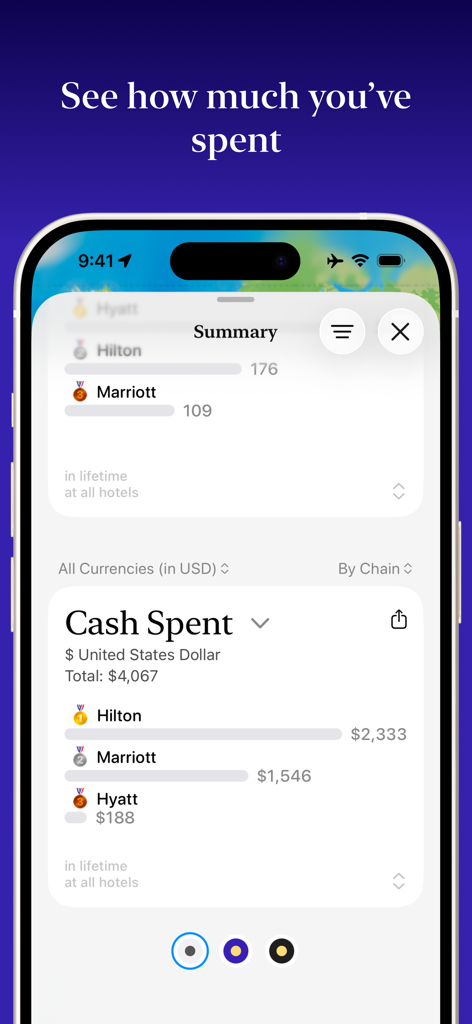 Awaybook: Hotel Tracker - Awaybook app screen displaying total hotel expenses and spending statistics
