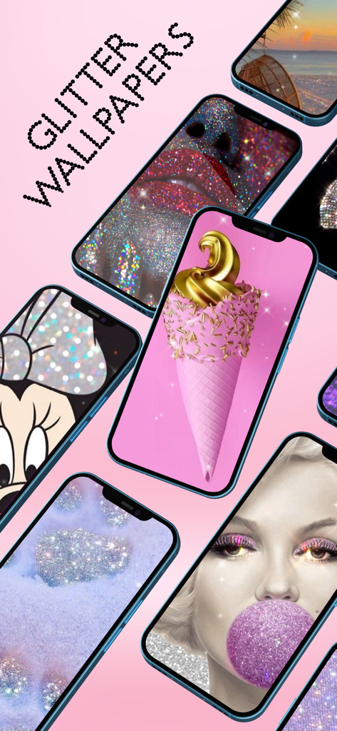 Shiny: Glitter Live Wallpapers - Una colección de fondos de pantalla estéticos con purpurina para iPhone que incluyen helado rosa, labios brillantes y temas de glamour