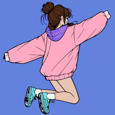 realistic girl jumping with a bun and oversized sweatshirt